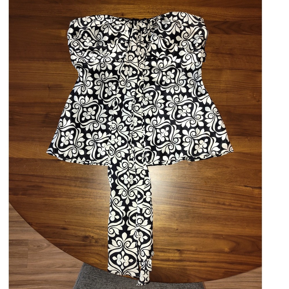White House Black Market Silk Strapless Damask Top Black White Sash Tie Size 6
